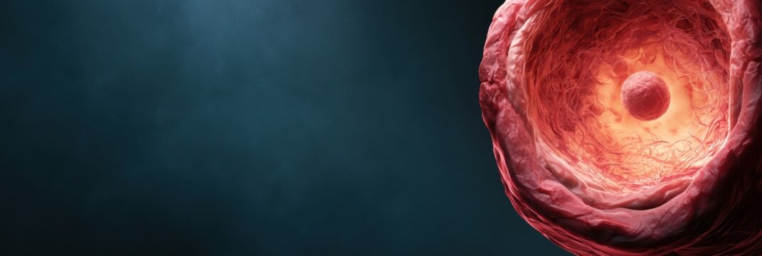 Uterine environment is ready for embryo transfer with cross-section showing receptive endometrium and embryo nearing implantation in dark setting.