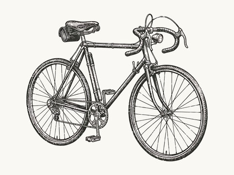Vintage road bicycle illustration with a classic design, showcasing its intricate components in a detailed etching style