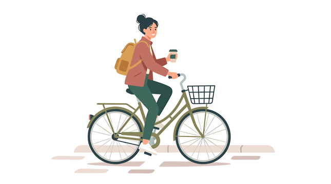 Young woman enjoying an eco-friendly urban commute on her bicycle, carrying a backpack and a coffee cup, embodying a healthy and sustainable modern lifestyle illustration