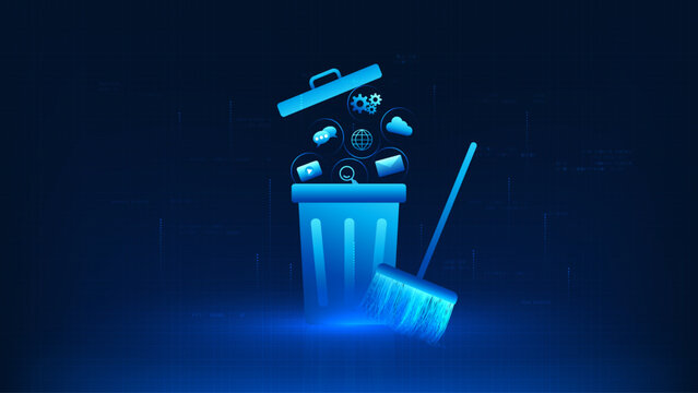 Technology background trash bin with digital icons and a broom symbol above, representing data cleanup, system maintenance, file management, digital organization, cache clearing, data processes.