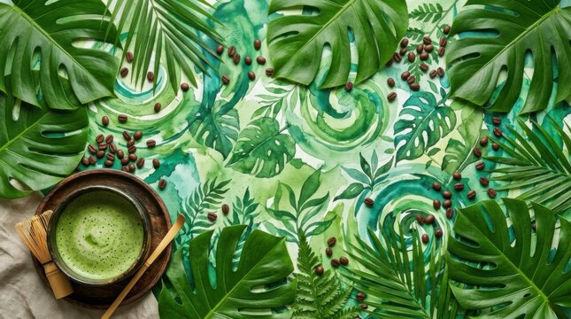 Top Down View of Matcha Tea Bowl with Tropical Leaves