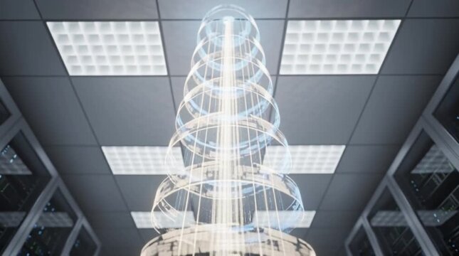 Modern office ceiling with futuristic lighting fixture.