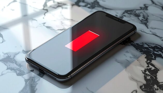 smartphone con schermo nero, che mostra la barra della batteria scarica di colore rosso, appoggiato su una superficie di marmo bianco