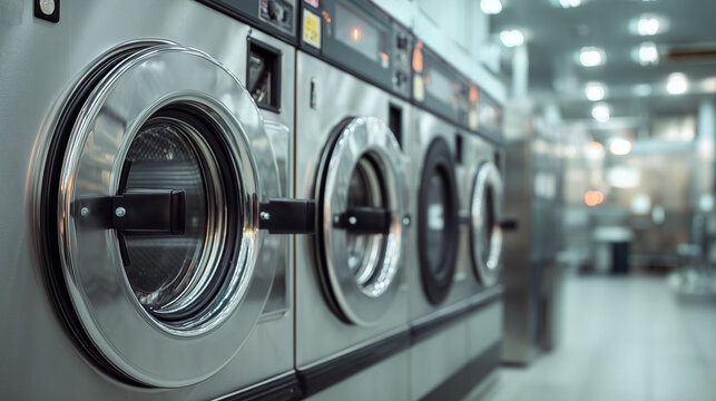 Modern self service laundromat interior with row of industrial washing machines, stainless steel laundry equipment and clean commercial environment with shallow depth of field.