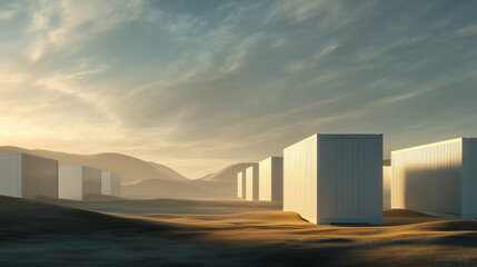 Fototapeta premium Minimal futuristic battery storage containers in desert landscape at sunrise. Concept of renewable energy infrastructure, sustainability, clean technology and large-scale power storage.