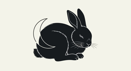 Obraz premium Black rabbit silhouette with crescent moon tail on a light background