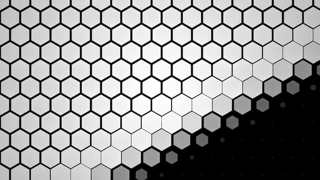 abstract animation featuring a mesmerizing grid of hexagons. The geometric pattern transitions from black to white and back, creating a futuristic and modern visual experience.