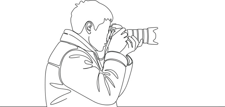 Professional photographer using DSLR camera line art illustration for creative photography and media production concept