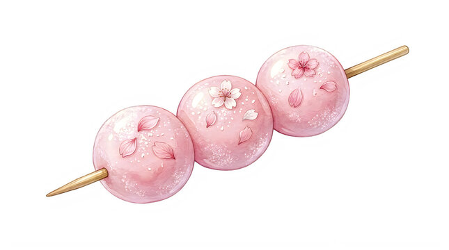 Three pink mochi balls on a stick with cherry blossom designs transparent background
