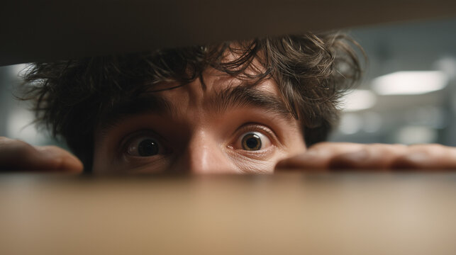 Funny close-up of frightened young man peeking over surface with wide eyes, fear, surprise and curiosity concept.
