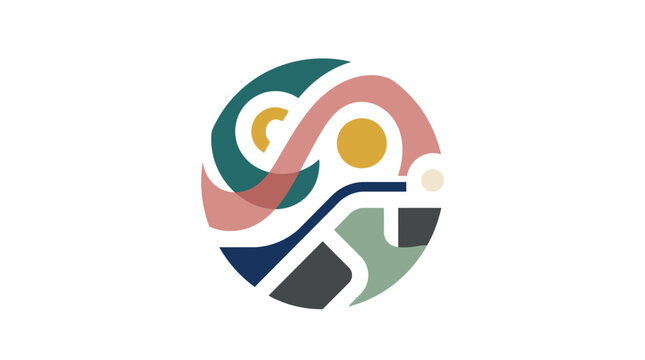 Abstract circle emblem features layered geometric shapes and soft tones.