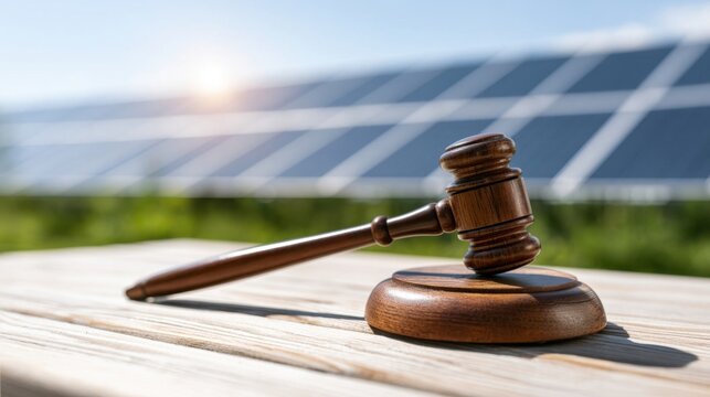 Wooden judge gavel on table with solar panels in background for green energy law