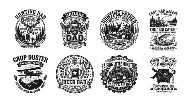 Vintage dad badge designs set hunting, fishing, beer, and more