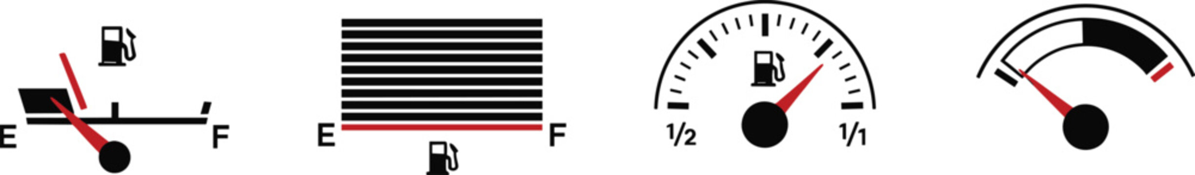 Fuel gauge and gas level indicator set, empty to full meter icons for automotive dashboard and energy monitoring, vector illustration