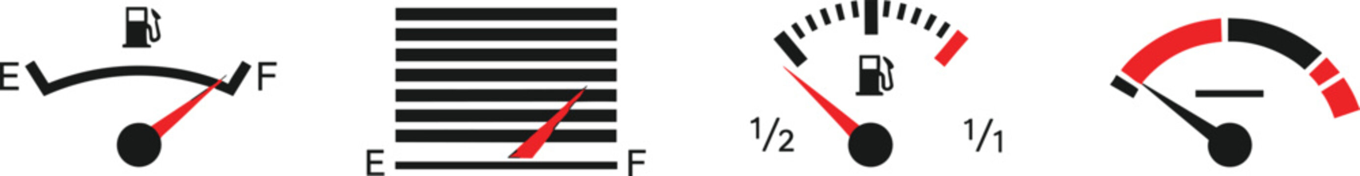 Fuel gauge and gas tank level indicator icons, empty to full dashboard meters for automotive and energy monitoring systems, vector illustration