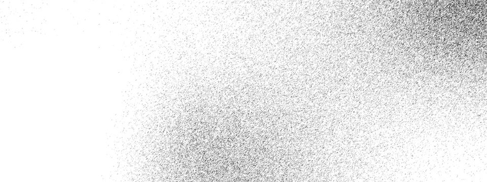 Grain noise of black irregular dots and grainy halftone fade effect with sand dust. Distressed black texture. Dark grainy texture on white background. Abstract grunge texture effect, scratch and dust 
