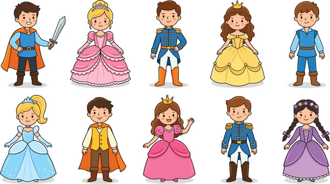 Kawaii Prince and Princess Character Set Featuring Cute Boys and Girls in Royal Costumes for Fairytale and Fantasy Illustrations