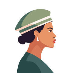 Profile portrait of a stylish woman wearing a green hat and pearl earrings, depicted with a minimalist aesthetic and a confident, elegant demeanor against a clean white background © krisna