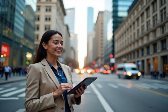 Accountant woman crunching numbers on calculator amidst city skyscrapers
