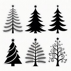 Obraz premium Christmas tree icons, black silhouette trees, festive holiday symbols, decorative evergreen illustrations