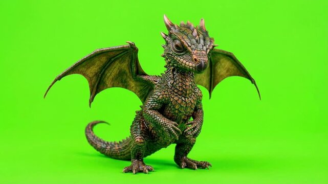 Adorable Dragon Figurine on Green Screen for Fantasy and Mythical Projects.