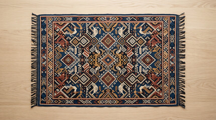Vibrant traditional rug with intricate patterns and colors lies on wooden floor © Nur