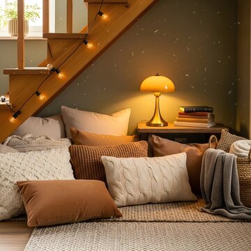 Cozy reading nook under stairs with string lights and warm lamp