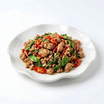 Spicy Thai basil pork stir-fry (Pad Krapow Moo) with minced meat, fresh basil leaves, and red chilies on a white plate.
