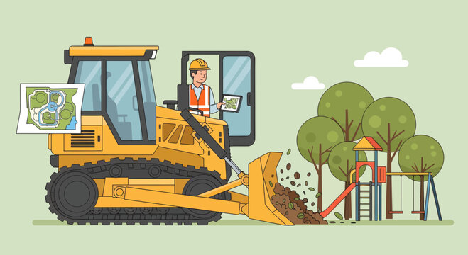 Yellow bulldozer with man operating machine.