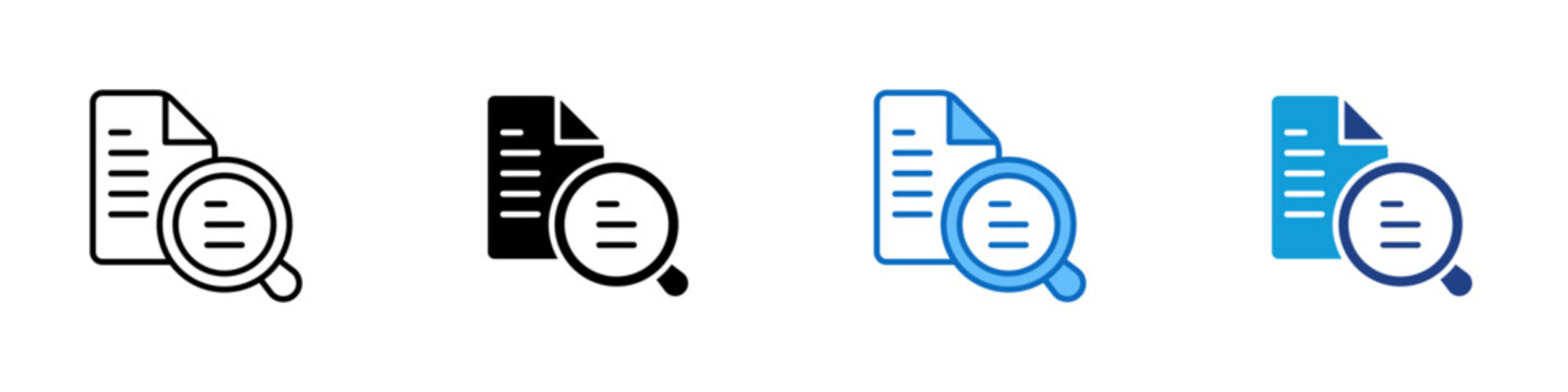 Detail Observation Multiple Style Icon Design Vector - Document with magnifier representing detailed analysis, information review, and content inspection