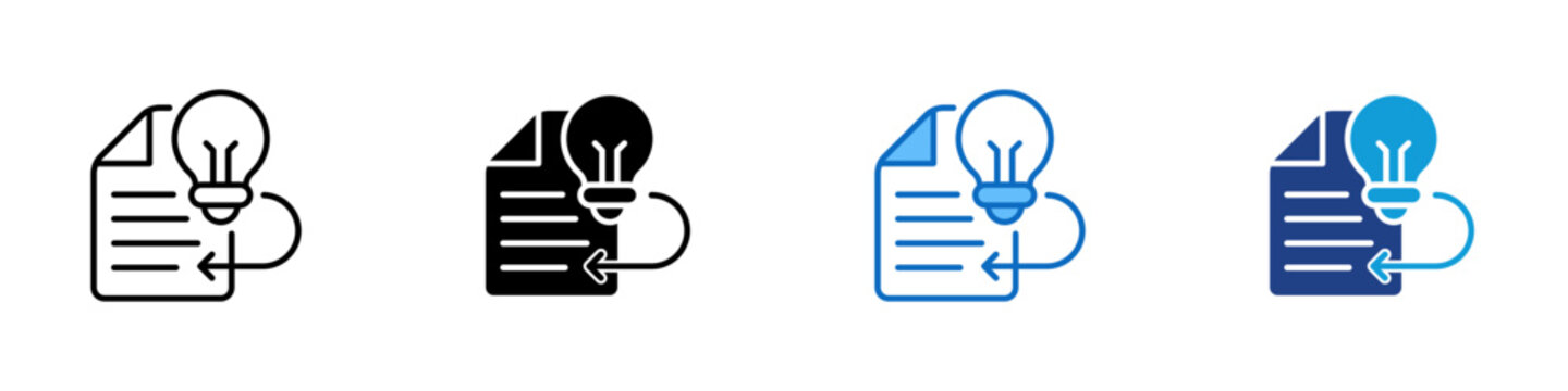 Idea Implementation Multiple Style Icon Design Vector - Document with light bulb and arrow representing idea execution, workflow refinement, and creative development