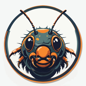 Close-up illustration of a smiling insect head with large eyes and antennae inside a circular frame with orange and green colors.