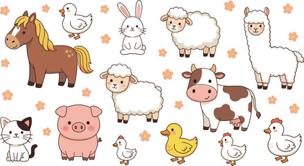 Fototapeta premium Cute Farm Animal Cartoon Collection with Horse Sheep Cow Pig Rabbit Chicken Cat and Alpaca Character Illustrations for Kids