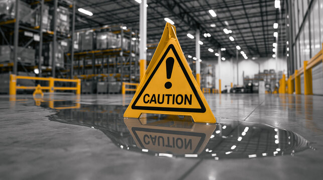 A yellow caution sign stands in a large industrial warehouse with a puddle of water