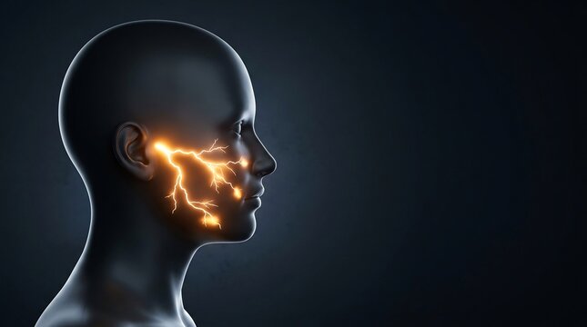 Conceptual 3D render of a human head profile with glowing orange electrical impulses in the face