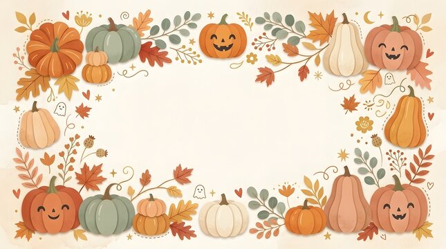 Autumn harvest frame pumpkins ghosts and fall foliage illustration