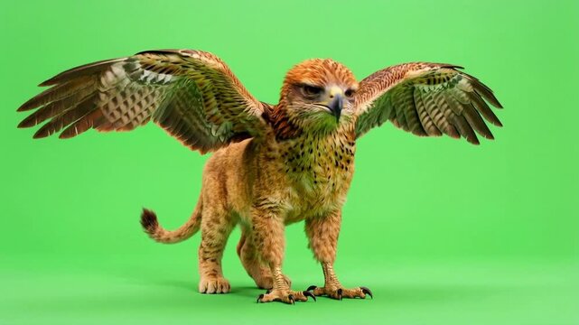 Fantasy creature with bird wings and cat body on green screen.