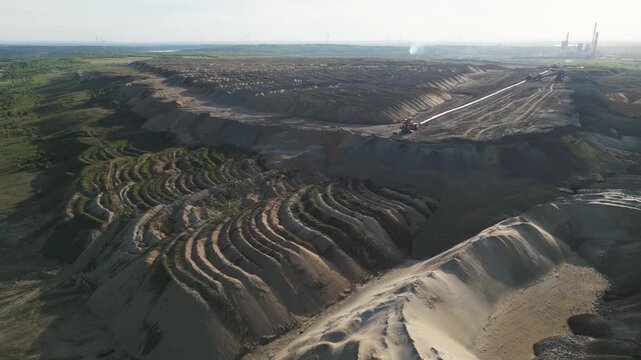 Drone flyover of an expansive lignite surface mine and excavation site