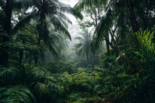 Vibrant jungle surrounded by towering trees and lush foliage on a rainy day. Concept of the depth of the greenery, and the refreshing essence of a rainy day in wilderness