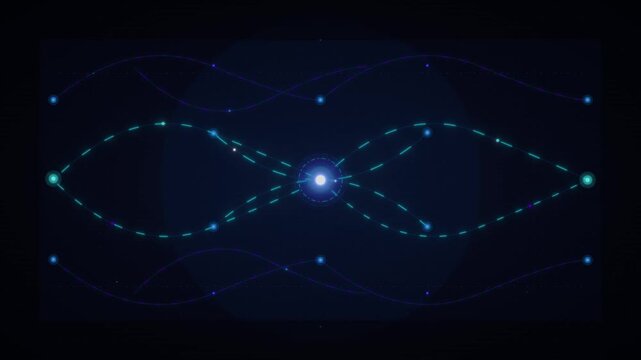 Glowing blue infinity symbol, neon light design, futuristic technology background, abstract digital element