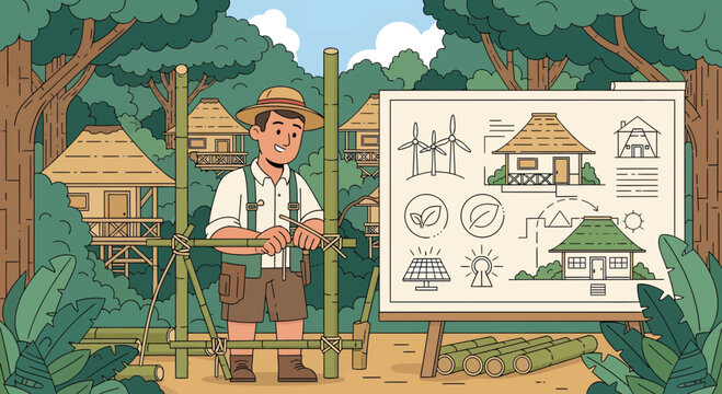 Man standing with wooden construction plan.