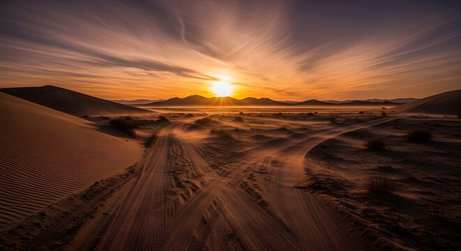 Sunrise over desert dunes with tire tracks and dust