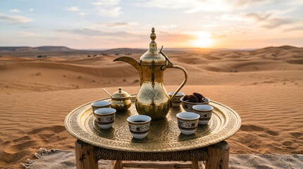 Naklejka premium A traditional Arabic coffee setup in the middle of a serene desert landscape during sunset