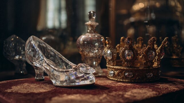 A close-up shot of a glittering glass slipper, ornate gold crown, and decorative perfume bottle, likely staged for a fairytale scene