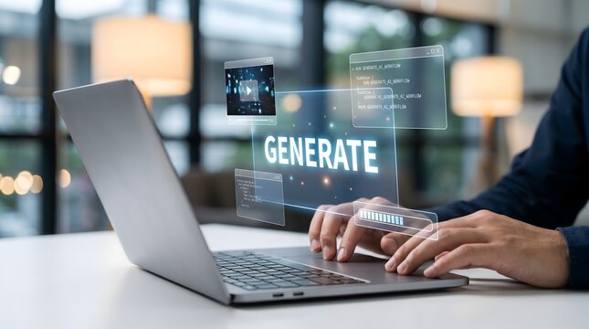 Hands Typing on Laptop with Virtual Generative AI Interface Hologram