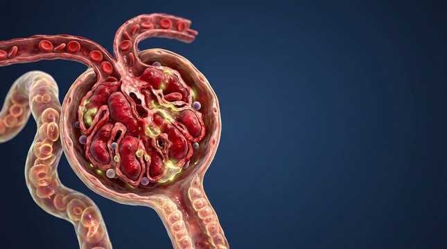 Detailed 3D medical illustration of a kidney nephron glomerulus showing inflammation and blood cells