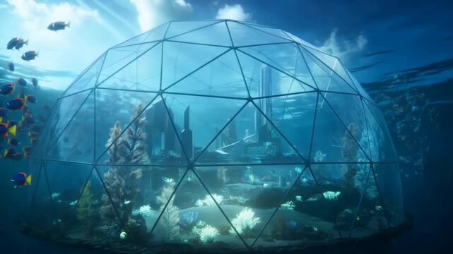Panning slow motion shot of school of tropical fish swimming past geodesic dome enclosing submerged city on ocean seabed