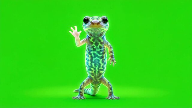Lizard walking on two legs against green screen background, animal behavior.