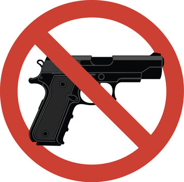 No guns allowed sign, firearm free zone prohibition symbol for safety awareness weapon restriction and public security signage design.