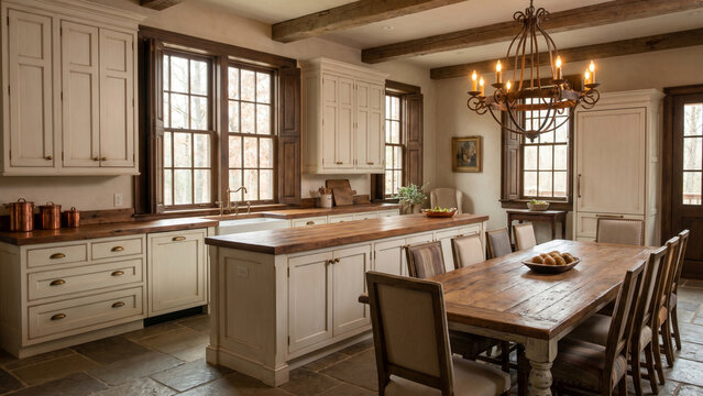 Luxury Rustic Open Kitchen
&ldquo;Luxury rustic open-concept kitchen with white cabinetry, warm wooden countertops, farmhouse dining area, tall windows with shutters, vintage chandelier lighting, cinematic 
